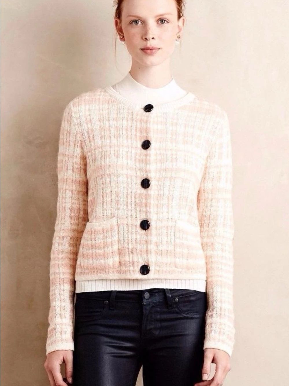 Anthropologie Knitted Knotted W Pink Plaid Boucle Wool Blend Cardigan Small